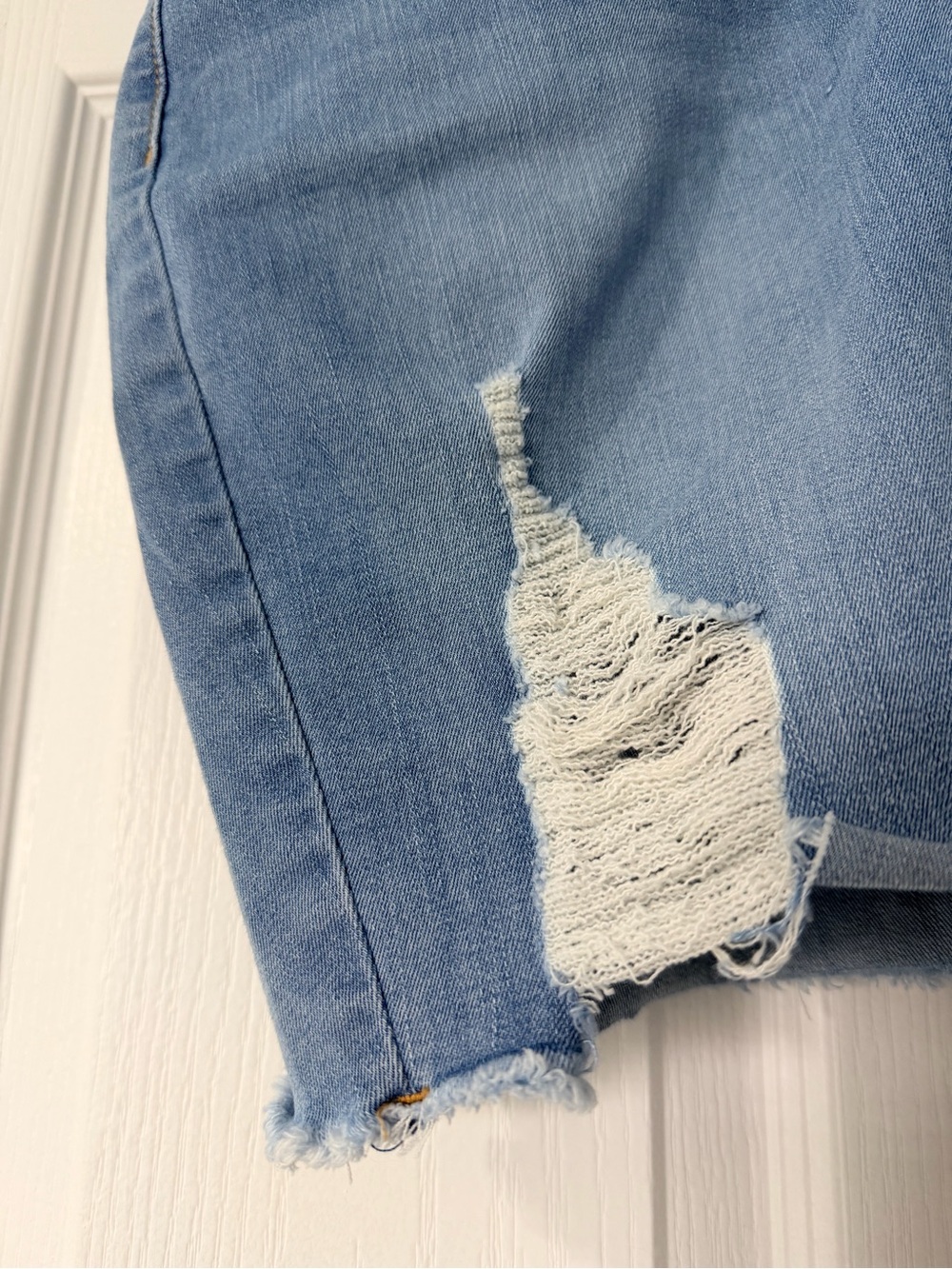 {GUESS} Light Blue Wash Distressed Denim Mini Skirt - Front High Waisted Buttons - Picture 2 of 14